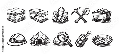 Mining themed sketched icons including tools, minerals, and equipment on white background, useful for illustrations, tutorials, and educational material.