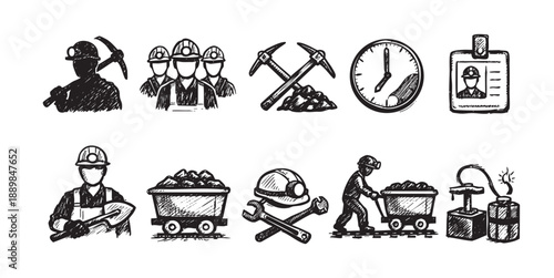 A collection of mining-related icons, drawn in a sketchy style, featuring miners, tools, coal carts, and other mining symbols. Ideal for illustrating mining themes.