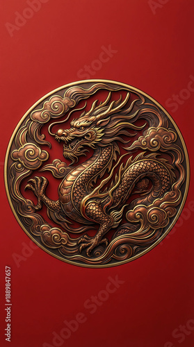 Central artwork for the front of a Hongbao. A majestic, stylized dragon (or other zodiac animal) in a circular medalion, formed by swirling clouds. The design has a safe area margin and includes bleed