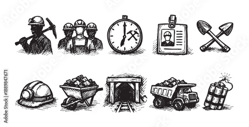 Black and white sketch illustration depicting various mining related icons, miners, tools, equipment like shovels, dynamite, truck, helmet. Vector art for websites.