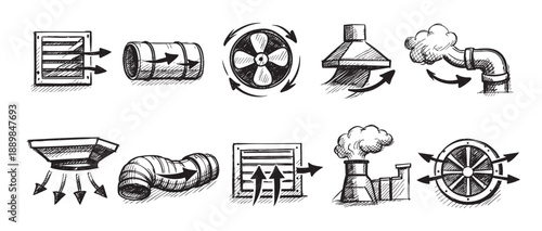 A hand-drawn vector illustration showcases various ventilation systems, highlighting air flow and direction with arrows, offering a versatile graphic for engineering or educational materials.