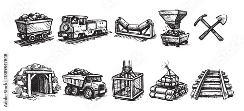 Hand drawn sketches of mining equipment set against a crisp white backdrop; an illustration great for textbook, historical, or industrial design.