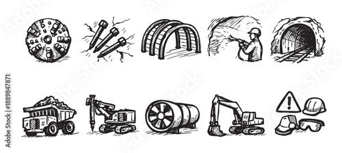Sketch of various mining icons featuring machinery, miners, tunnels, and safety equipment on white, suitable for design elements.