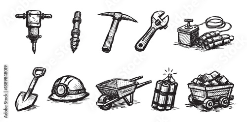 Hand drawn illustrations of various mining tools including a jackhammer, drill, pickaxe, wrench, dynamite, and a mining cart, all sketched on a white background.