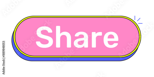 Share rounded pink cartoon UI button. Distributing viral content link across platforms. Repost tool. Post forward. Clickable call-to-action. Flat vector illustration. Cute design. Rubik font used