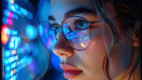 Woman with Glasses Reflecting Data, Futuristic Tech Concept
