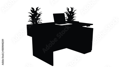 Sleek black reception desk with laptop and plants, creating a modern welcome area.