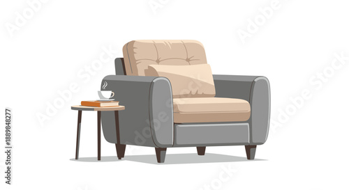 Cozy armchair with pillow and coffee cup on side table