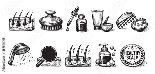 Black and white illustration shows products for healthy scalp, including shampoo, oil, hair brush, and magnifier, conveying wellness and beauty.