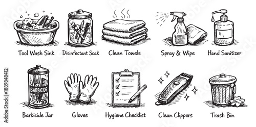 Black and white sketch illustration displays sanitation supplies, hygiene checklist, and tools for barbershop, showing clean tools and practices for maintaining cleanliness and professional service.