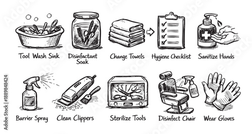 Hand-drawn sketch showing various hygiene practices: washing tools, sanitizing hands, changing towels, sterilizing, disinfecting chair, wearing gloves, safety checklist.