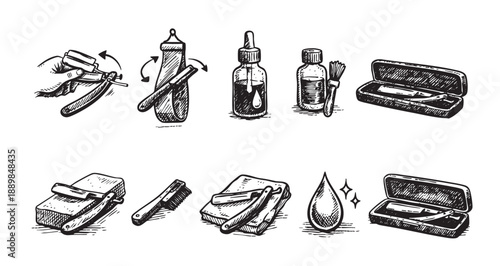 Detailed monochrome drawings of various barber tools, including straight razors, strop, and sharpening oil, perfect for a vintage or retro barbershop design.