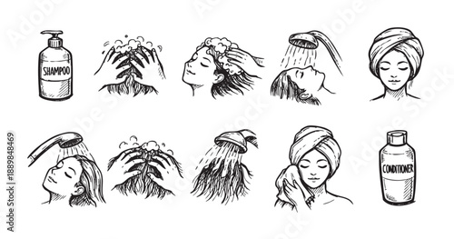 Black and white sketch style illustrations of a woman's hair care routine from shampooing to conditioning, showering, and drying with a towel.