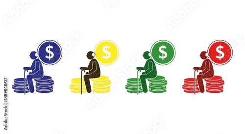 Four people sitting on stacks of coins, each associated with a dollar sign, in a row, representing financial transactions or wealth accumulation
