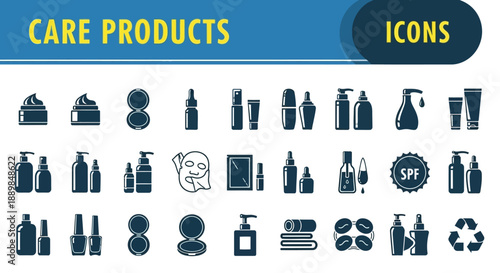 Collection of care product icons displayed on a clean and organized interface, showcasing various hygiene and beauty items
