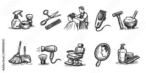 Illustration featuring barber shop tools, equipment, and hair cutting. Hand-drawn style black and white sketch showing various hairdressing elements and tools.