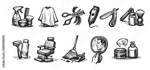 Black and white sketch illustration features barber shop essentials, including chairs, tools and accessories. Use this hand-drawn art for vintage barber concept, branding, or design.