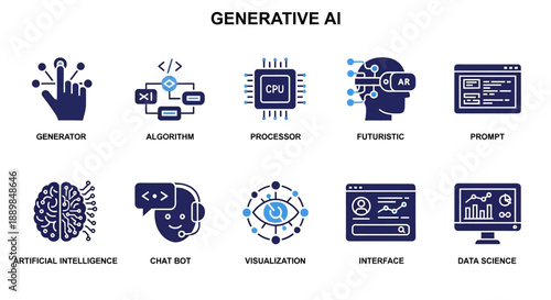 Generative AI icons representing various aspects of artificial intelligence and machine learning in a digital format