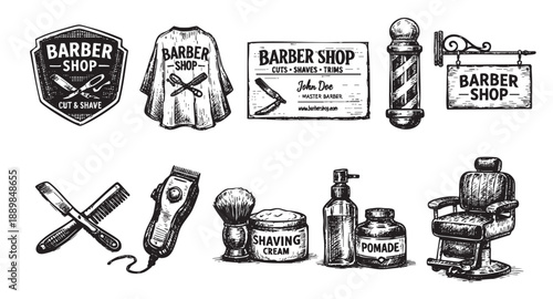 A collection of vintage-style barber shop equipment drawings in black ink on a white background, ideal for illustrating grooming or historical themes.