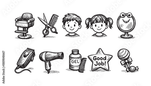 Hand-drawn style illustration of hair salon related equipment and kids on white, perfect for use in educational materials, and design project needing cheerful elements.