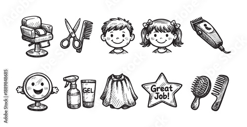 A set of sketchy line drawings of children's hair salon elements including barber's chair, children, and tools isolated on white.