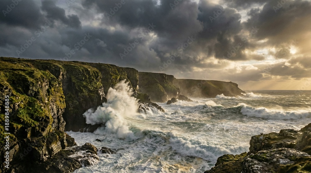 Fototapeta premium Rocky coastline with crashing waves and dramatic cloudy sky