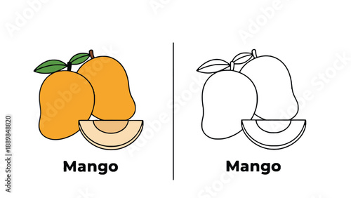 A colorful illustration of a mango and its black and white counterpart