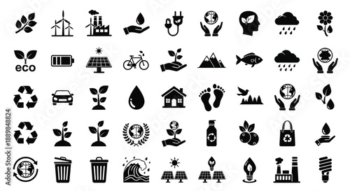 Collection of eco-friendly icons representing sustainability and environmental conservation in a grid layout, originally from make (128).eps