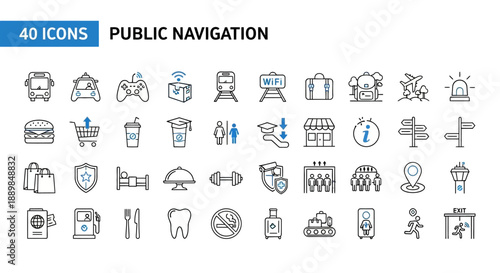 Collection of public navigation icons representing various locations and services in a simple line art style