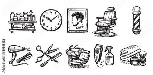 Black and white sketch illustration featuring a barber shop collection with tools, furniture, and decorative elements in a hand-drawn style, perfect for designs and backgrounds.