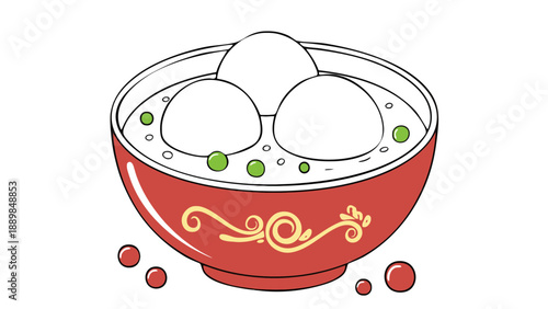 A vibrant red bowl of dessert soup with green and red decorations
