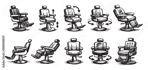 Hand-drawn barber chair illustrations demonstrate adjustable positions, directions, and movement isolated on white background, useful for design, business, or beauty themes.