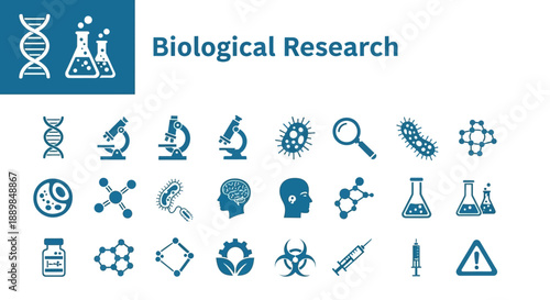 Collection of various biological research icons and symbols representing science and laboratory experiments in a flat design style