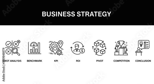 Business strategy icons set illustrating analysis and competition in a professional environment from a straightforward viewpoint