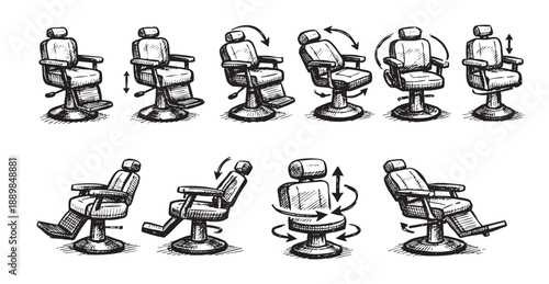 Hand-drawn sketch of a barber chair showing different adjustments like rotation, tilt and height, isolated on a white background. Suitable for barbershop illustrations and tutorials.