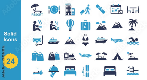 Collection of various vacation and leisure icons displayed in solid style on a clean background