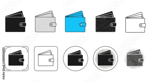 Collection of various wallet designs and icons in different styles and colors on a clean white background
