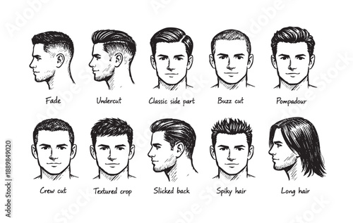 A collection of men's hairstyles, including fade, undercut, buzz cut, and long hair, presented as black and white sketches on a white background.