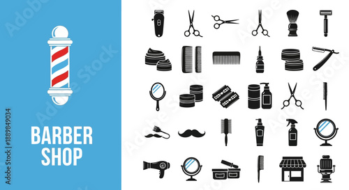 Collection of barber shop icons and symbols, grooming equipment, and accessories in a graphic illustration style, presented in a collage format on a clean background from a straightforward viewpoint