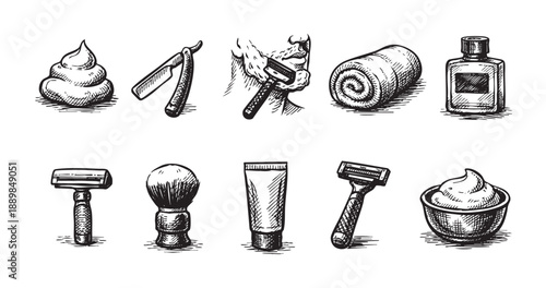 Hand drawn vintage shaving set illustration featuring razors, brush, cream, towel and aftershave on a clean white backdrop, perfect for male grooming product ads.