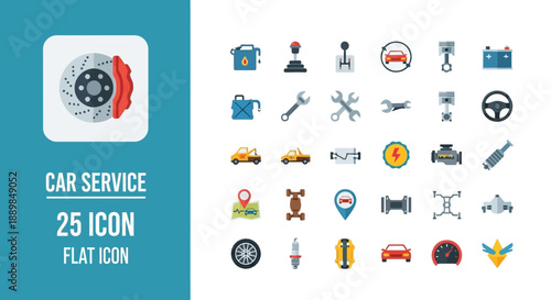 Collection of twenty-five flat icons representing car service and maintenance tools and vehicles