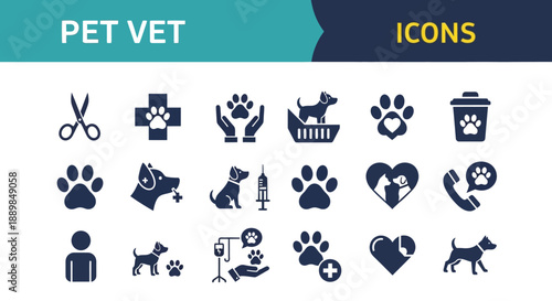 Collection of pet care icons displayed in a grid layout, symbolizing various veterinary services and pet-related activities