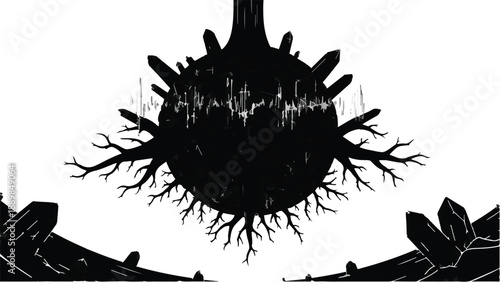 Mysterious dark sphere with root-like tendrils and crystal formations against a stark white background.