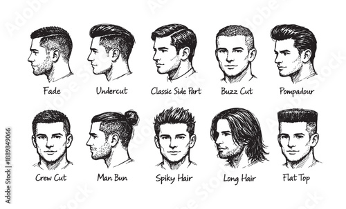 A collection of sketches showcasing various men's hairstyles like the fade, undercut, and long hair, presented in a monochrome palette against a white backdrop.