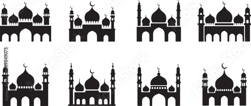 Various Mosque Silhouettes With Domes And Minarets