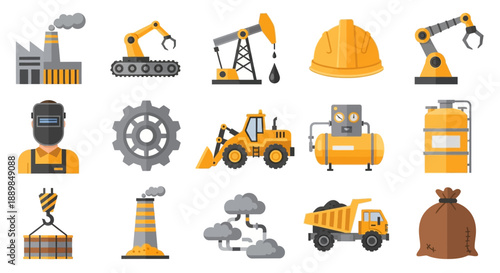 Industrial construction equipment icons set, including excavators and cranes, illustrated in a modern style, on a white background, originally make (148).eps