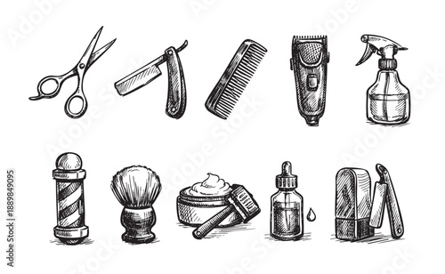 Hand drawn illustration of barber tools, including scissors, straight razor, spray bottle, and shaving cream, for hair care and grooming services.