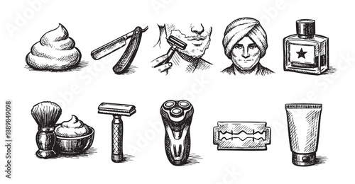 Hand-drawn sketches illustrate various shaving tools and skincare products for men, including razors, shave cream, aftershave, and facial scrub, rendered in a classic monochrome style.