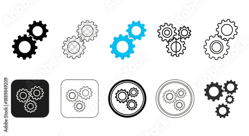 Collection of gear icons in various styles, showcasing mechanical components in a graphic design format