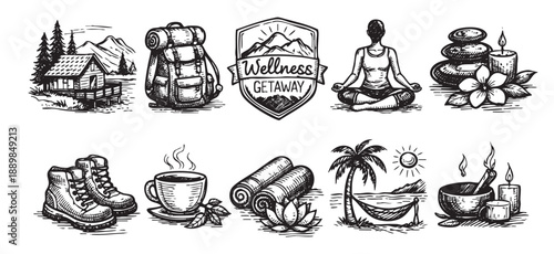 Hand-drawn sketch illustrations show wellness themes, including yoga, hiking, nature, beach and spa elements for travel brochures, marketing or relaxation concepts.